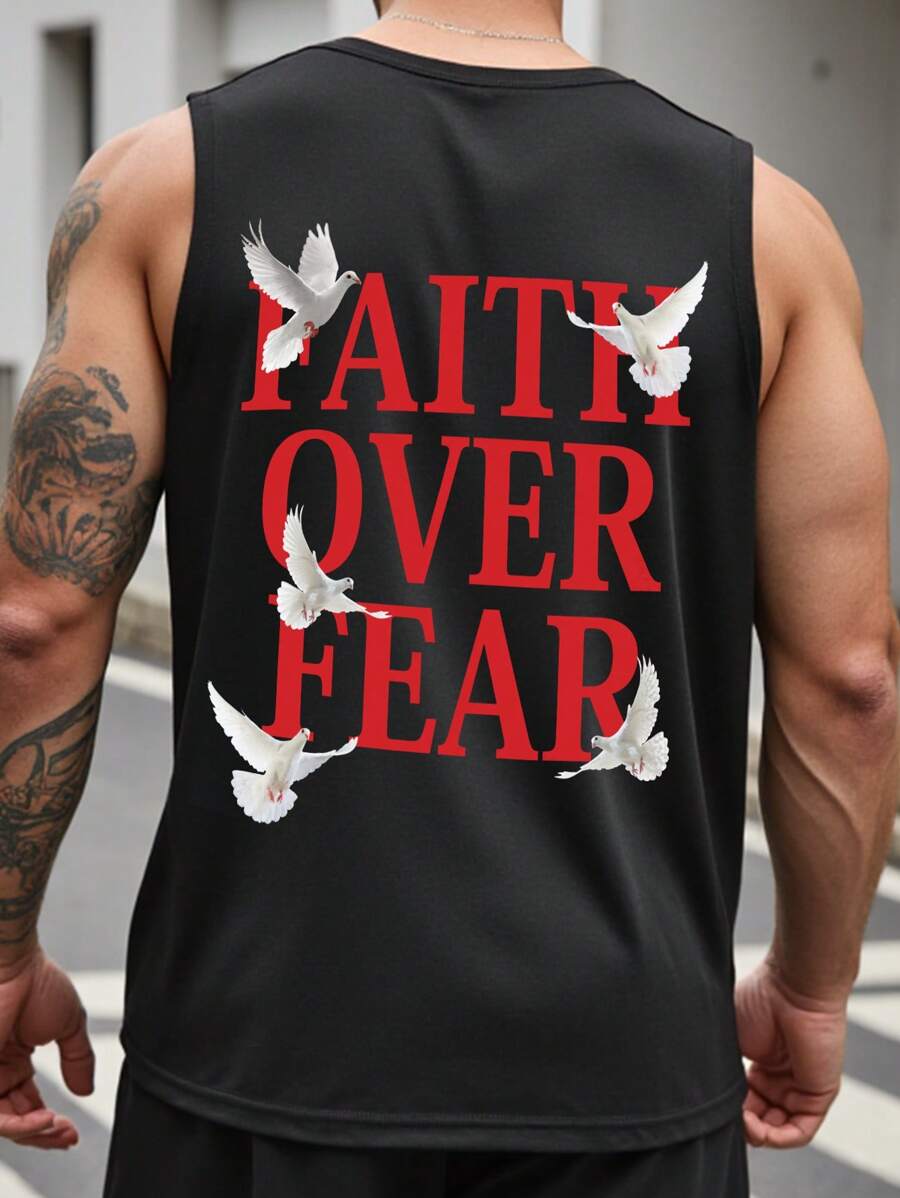 Manfinity LEGND 男士标语飞鸽印花圆领休闲上衣，春夏男装，男友礼物 - 黑色 - 查看 1