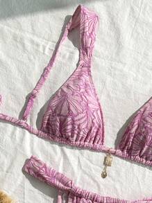 Swim Mod Spring Break Women Beachwear Summer Outfits, 2pcs Textured Fabric Fuchsia Triangle Bikini Swimwear With Pendant, Holiday Beach Sets - Lilac Purple - View 3