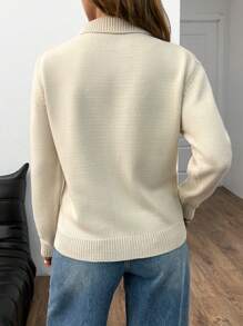 EURMUSE Áo len cardigan cổ polo có túi khóa kéo cho nữ - Màu be - Xem 2