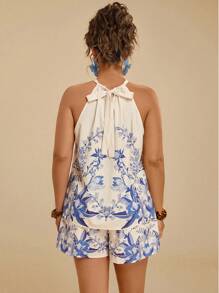 Travachic Plus Size Bohemian Casual Holiday Beach Vacation Halterneck Tied Floral Print Blouse Shirt + Beach Shorts 2 Pieces Set, Spring/Summer