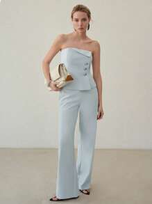 MOTF PREMIUM 正面纽扣抹胸上衣 - 藍色 - 查看 5