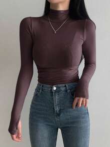 DAZY Turtleneck Long Sleeve Autumn/Winter Slim Fit Base Layer Top, Minimalist Essential Undershirt For Women - Coffee Brown - View 3