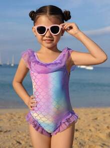 1pc Girls' One-Piece Swimsuit With Cute Fish Scale Pattern & Ruffle Net Pants - Multicolor - View 1