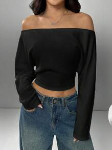SHEIN EZwear Women's Off Shoulder Solid Color Long Sleeve Crop Top