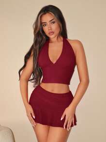 SHEIN ICON Halter Neck Tank Top And Low Waist Pleated Mesh Mini Skirt Set Burgundy - Burgundy - View 6