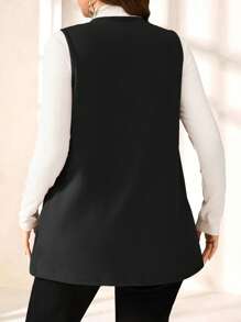 SHEIN PETITE CURVE Abrigo sencillo y casual de unicolor sin mangas y holgado con bolsillo, para primavera/verano, vacaciones en otoño/invierno, primavera, Día de San Valentín, graduación para la madre, color negro, con bolsillo - Negro - Ver 2