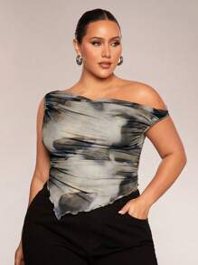 SHEIN BAE Damen Große Größen Leoparden-Muster Asymmetrischer Saum Offene Schulter Rüschen Locker Oberteil, geeignet für Lässig, Pendeln, Ausgehen, Date, Nachmittagstee, Urlaub