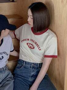 DAZY Áo thun nữ cổ tròn tay ngắn in chữ mùa hè, áo thun họa tiết học sinh - Màu be - Xem 7