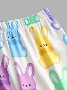 Tween Girl Cartoon Rabbit Letter Print Cap Sleeve Top And Flared Pants 2 Pieces Set