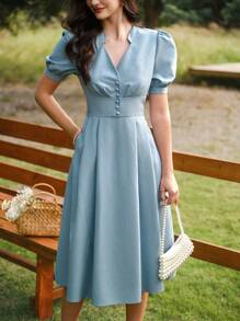 Vintamour 复古优雅女装 带口袋纽扣 休闲通勤度假连衣裙 女士夏季服装 女士度假服装 女士夏季连衣裙 女士沙滩服装 女士生日服装 女士婚礼宾客服装 女士复活节春季连衣裙 夏季服装 女士春季服装 女士复活节连衣裙 女士生日服装 春假女士太阳连衣裙 女士优雅连衣裙 - 藍色 - 查看 4