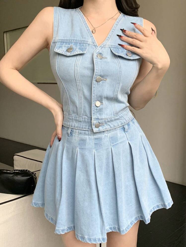 Casual Fitted Denim Crop Vest & Pleated Denim Skirt, 2 Pieces Set For Women Summer