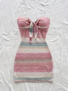 Soleia Women Floral Mesh Patchwork Colorful Knotted Front Sleeveless Slim Waist A-Line Mini Dress, Fit For Vacation, Party, Date, Afternoon Tea - Multicolor - View 3