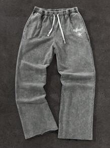 Men's Letter Print Drawstring Waist Pocket Loose Fit Casual Sweatpants - Dark Grey - View 1
