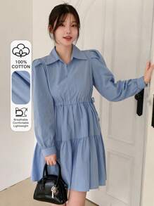 Solid Puff Sleeve Ruffle Hem Shirt Dress,Fall Dress Long Sleeve Dress - Blue - View 10