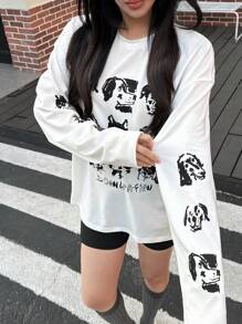 SHEIN EZwear Women's Crew Neck Long Sleeve Animal Print Casual T-Shirt - White - View 4