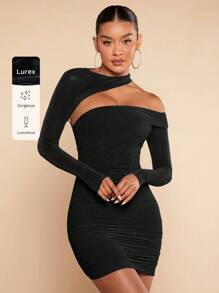 Silquee 不對稱領金屬亮絲緊身洋裝 - 黑色 - 查看 8