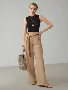 MOTF PREMIUM FOLD PLEATED STRAIGHT LEG SUIT PANTS - Khaki - View 1