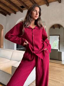 Cloudara Naturally Crinkle Fabric Long Sleeve Shirt & High Elastic Waist Straight Fit Pant Casual Outfit