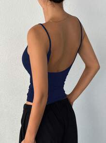 DAZY 1 件女士休闲纯色修身露背吊带背心短款女式上衣 - 藏蓝色 - 查看 5