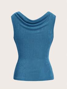 SHEIN ICON 女士纯色垂领褶皱休闲百搭背心 - 水鴨藍 - 查看 2