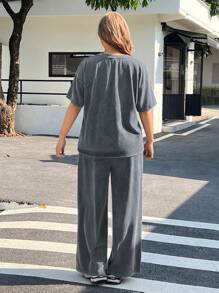 SHEIN EZwear Plus Size 2pcs Set: Distressed Acetate Gray Melange Loose T-Shirt + Wide Leg Pants, Cotton Suit, Comfortable Spring/Summer Outfit Casual Sets For Women