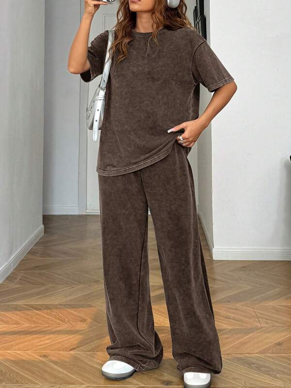 SHEIN EZwear Plus Size Spring/Summer Vintage Washed Brown Sweatshirt + Loose Pants 2 Pieces Casual Outfit Casual Sets For Women