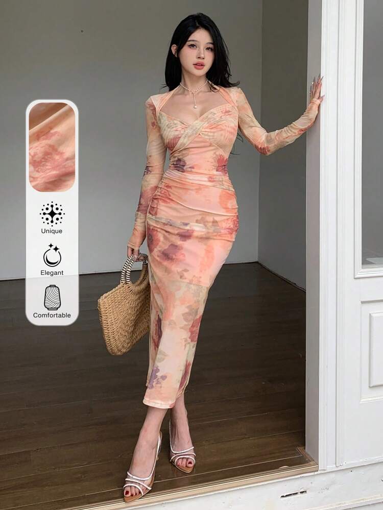 Mid-Length Rose Floral Print Sheer Overlay Slit Party Dress For Women Valentine's Day,Fall Dress Long Sleeve Dress Maxi Dress