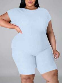 Maweii Plus Size Women Solid Color Round Neck Short Sleeve T-Shirt And Shorts, 2pcs Casual Set - Baby Blue - View 3