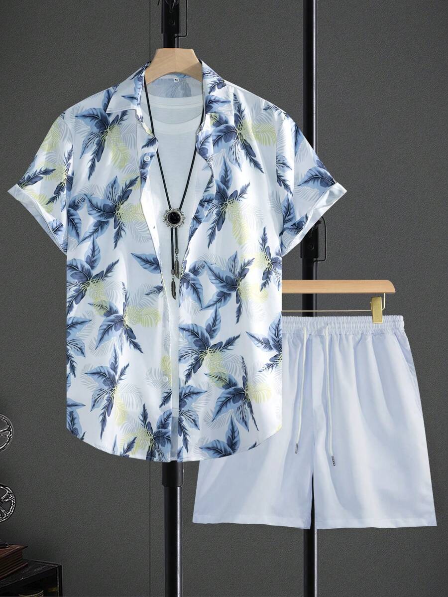 Manfinity RSRT Men's Botanical Print Casual Short Sleeve Shirt & Shorts Set - Multicolor - View 1