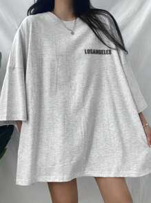 DAZY 女士夏季休闲字母印花T恤，圆领蝙蝠袖，秋季服装图案T恤 - 淺灰色 - 查看 3