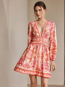 Anewsta 海滩、度假、节日、优雅女士 V 领灯笼袖蕾丝镂空设计收腰印花荷叶边下摆连衣裙 - 淺粉色 - 查看 3