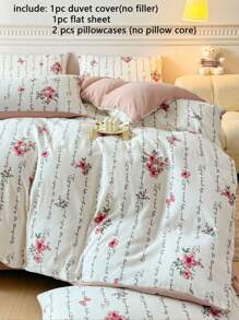 4pcs Bedding Set, Pink Floral And Camel Striped Reversible Duvet Cover Set, Suitable For All Seasons, Pastoral Style (Includes 1 Duvet Cover, 1 Bed Sheet, 2 Pillowcases, Without Filler)