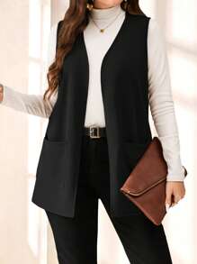 SHEIN PETITE CURVE Abrigo sencillo y casual de unicolor sin mangas y holgado con bolsillo, para primavera/verano, vacaciones en otoño/invierno, primavera, Día de San Valentín, graduación para la madre, color negro, con bolsillo - Negro - Ver 4