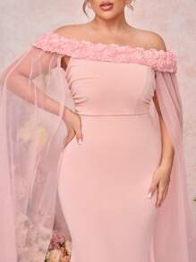SHEIN Belle Plus Size Elegant Minimalist Pink Flounce Off Shoulder Neck Floral Embellished Long Flared Hem Bridesmaid Dress