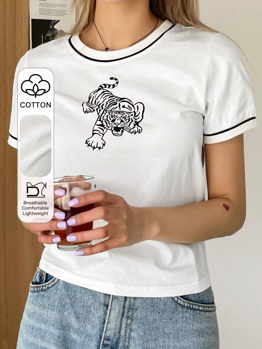 DAZY In hoa con hổ Áo thun Ringer - trắng - Xem 1