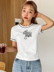 DAZY In hoa con hổ Áo thun Ringer - trắng - Xem 5