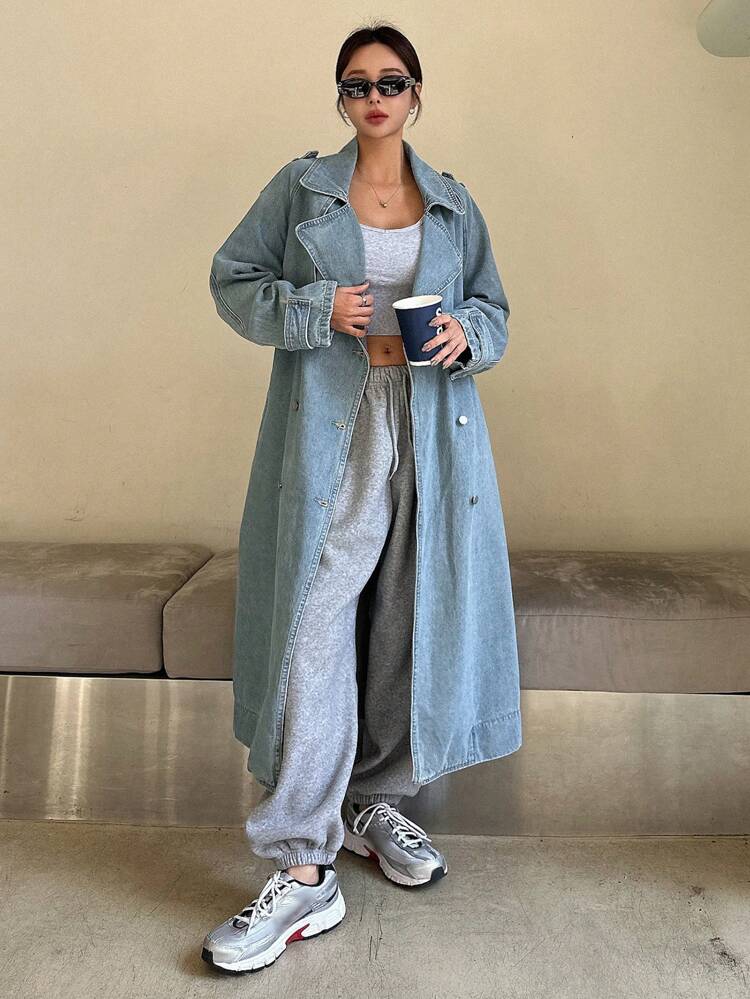 Women's Casual Long Denim Jacket With Lapel Collar & Double-Breasted, Autumn,Back To School Clothes