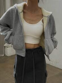 DAZY 女士保暖修身连帽卫衣，秋冬季保暖拉链外套 - 灰色 - 查看 1