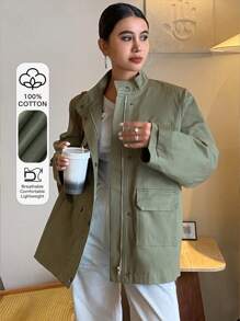 Livesso 女士休闲街头时尚简约纯色翻盖口袋拉链常规款夹克女外套 - 軍綠色 - 查看 1