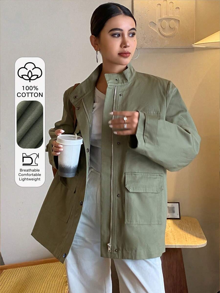 Livesso 女士休闲街头时尚简约纯色翻盖口袋拉链常规款夹克女外套 - 軍綠色 - 查看 1