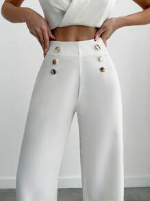 SHEIN PANTALON ÉVASÉ À TAILLE HAUTE AVEC BOUTONS DORÉS ET PLIS