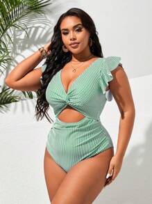 Swim Lushoire Maillot de bain une pièce sexy à la mode avec col en V rayé, taille ajourée, pour femmes grande taille. Tenue de vacances
