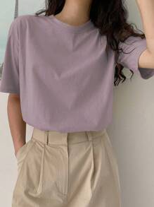DAZY Solid Drop Shoulder Tee Summer,Business Casual Women - Mauve Purple - View 5