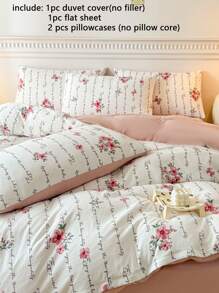 4pcs Bedding Set, Pink Floral And Camel Striped Reversible Duvet Cover Set, Suitable For All Seasons, Pastoral Style (Includes 1 Duvet Cover, 1 Bed Sheet, 2 Pillowcases, Without Filler)