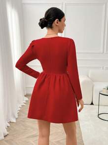 SHEIN Damen Einfarbiges langes Kleid mit tiefem V-Ausschnitt, langen Ärmeln und Raffungen, modisches Design