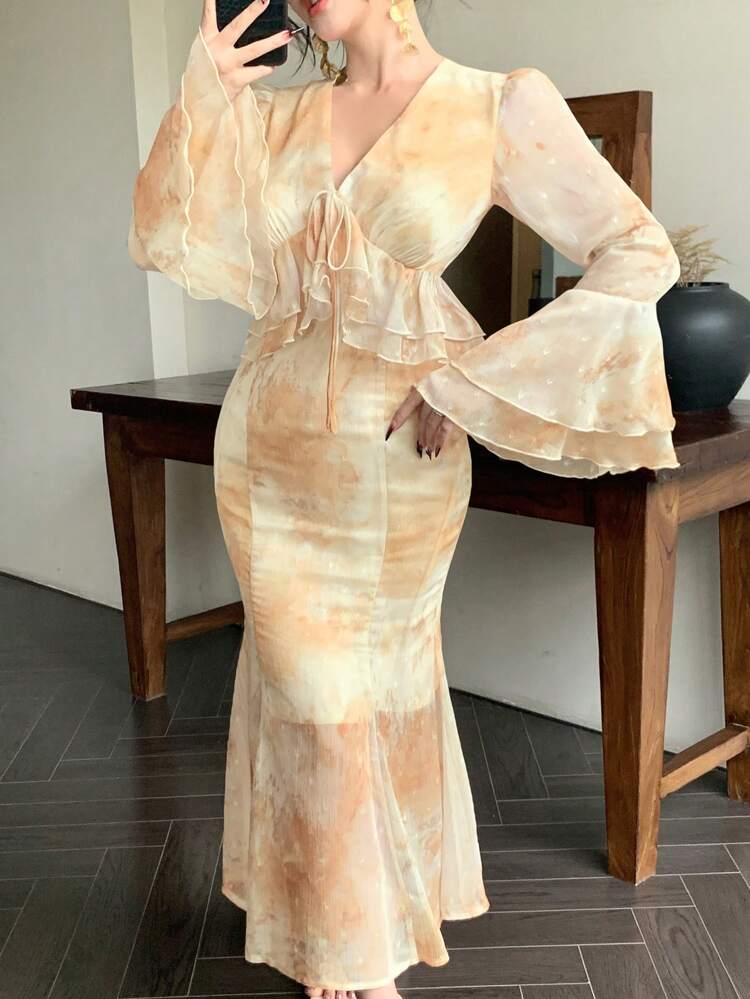Women's Floral Print Chiffon Mid-Calf Dress With Ruffle Hem, Drawstring Tie, And Bell Sleeves,Fall Dress Long Sleeve Dress Maxi Dress