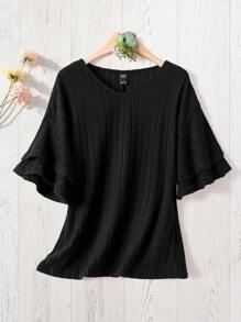Rusticease Women's Daily Casual V-Neck Double Ruffle Cuff Black Ripple Pattern T-Shirt, Spring/Summer - Black - View 1