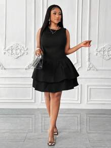 Maweii 大码女式纯色圆领无袖荷叶边下摆时尚连衣裙