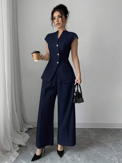 Siren Gaze 2024秋季新款西装背心配不对称金属纽扣装饰长款背心外套、阔腿西装裤、休闲商务西装套装