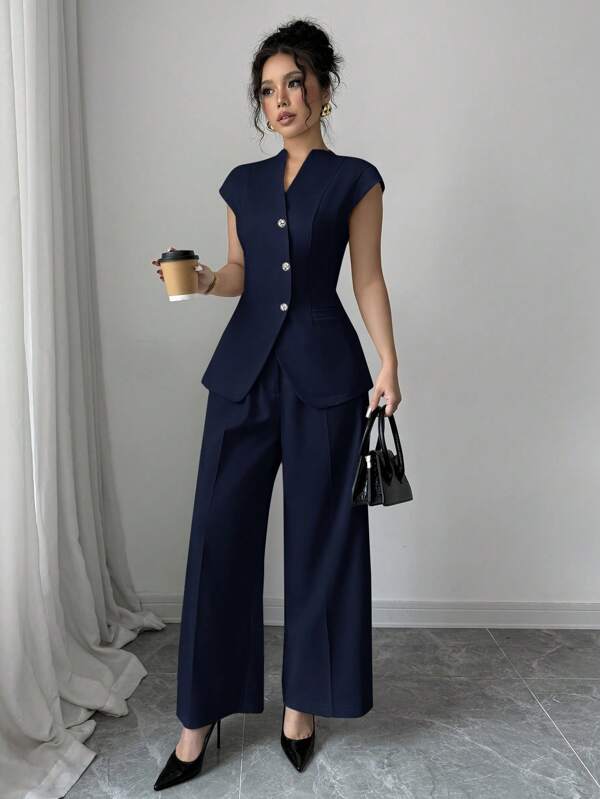 Siren Gaze Conjunto de traje de negocios casual 2024 Otoño, nueva llegada: chaleco con botón metálico asimétrico decorativo, chaqueta tipo chaleco larga, pantalón ancho de pierna